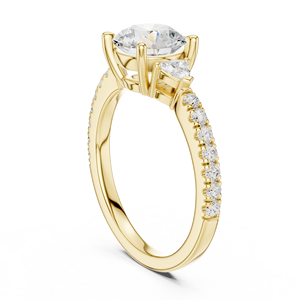 Bague de fiançailles en or jaune avec diamant taille ronde, pierres latérales en forme de poire et bande pavée, bague de mariage solitaire pour femme - Product Image 2