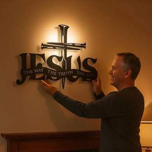 Décoration Silhouette Chrétienne Art Déco Rétroéclairée par LED |   Signalétique religieuse moderne : Portrait en métal rétroéclairé du Sacré-Cœur de Jésus - Product Image 3