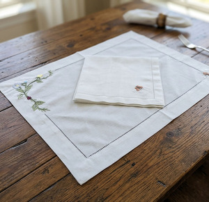 Custom Wholesale QUANG THANH EMBROIDERY Luxury Embroidery Flower Butterfly <b>Placemats</b> Napkins Sets White Cotton Hemstitch - Product Image 3