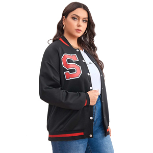Wholesale Premium Women's Black Varsity Jacket Full Sleeve Contrast Trim <b>Covered</b> <b>Button</b> Closure Regular Fit Embroidery Cotton - Product Image 3