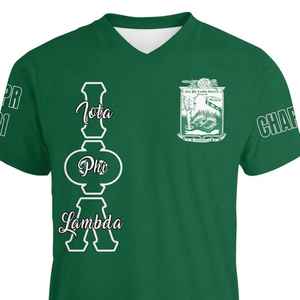 Iota Phi Lambda Custom V Neck T Shirt Emerald Green Sorority Tee Chapter Number Back Print Personalized Style Womens Fit Gift - Product Image 4