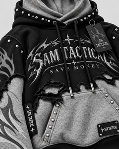SAM TACTICAL Gothic Hooded <b>Sweatshirt</b> Oversized Lantern Sleeve Cut Out Print Men's Autumn Knitted <b>Black</b> Gray Wholesale Rate - Product Image 6