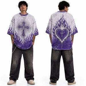 Men's Purple Gothic Cross <b>Flame</b> Print Oversized Short Sleeve T-<b>Shirt</b> O-Neck Regular Fit Woven Digital Print Style - Product Image 4