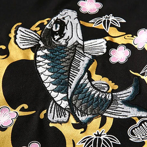 T-shirt noir pour homme de style japonais à manches courtes, col rond, imprimé floral de dragon, coupe régulière, tissu tissé - Product Image 5