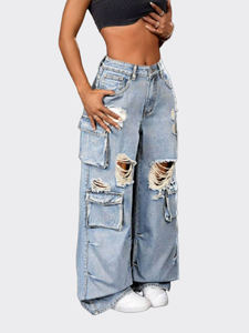 Pantalon cargo en jean taille haute déchiré, coupe ample, style hip-hop, 100 % coton tissé, longueur intégrale, fermeture boutonnée - Product Image 4
