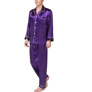 Pijamas de satén de seda para hombre, ropa de dormir clásica de manga larga, color morado liso, con bolsillos, ropa de otoño - Product Image 2