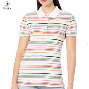 Polo rayé à manches courtes pour femme Index Apparel, décontracté, tricoté, 100 % coton, respirant, coupe classique, motif multicolore - Product Image 1