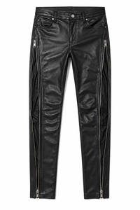 Premium Slim Fit Genuine Leather Pants Men Black Biker Trousers Outer <b>Thigh</b> Zipper Pockets Ankle Zips Custom OEM Wholesale - Product Image 4