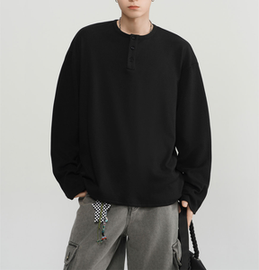 Camiseta de manga larga para hombre, estilo oversized, de algodón negro, con cuello abotonado, estilo casual, tejido sólido, estilo otoñal. - Product Image 6