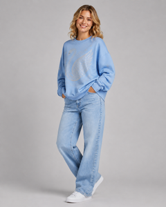 Sudadera Oversize Azul Claro con Pedrería y Estampado de Cisne con Lentejuelas para Mujer, Hombros Caídos, Cuello Redondo, 100% Algodón Tejido, Otoño - Product Image 1