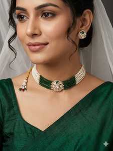 Ensemble de bijoux de mariée vintage en cuivre plaqué or de haute qualité avec cristaux, collier long Mala, boucles d'oreilles et Maang - Vente en gros - Product Image 4