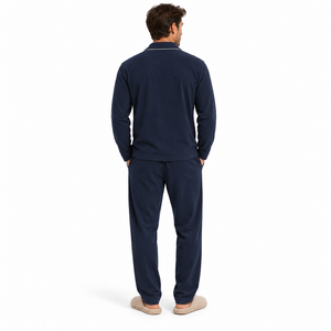<b>Men</b> Luxury Breathable Cotton <b>Pajama</b> <b>Set</b> Long Sleeve Button Sleepwear Winter/Spring Warm Loungewear Matching Lounge Pants Navy - Product Image 3