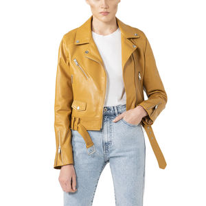 Chaqueta de Motociclista de Cuero Genuino para Mujer, Color Mostaza, Manga Larga, Cierre de Cremallera, Cuello Camisero, Estilo Otoñal, Corte Corto - Product Image 1