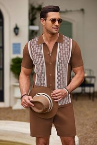 Conjunto de 2 Piezas para Hombre, Camisas Polo de Punto con Botones y Manga Corta Estilo Vintage, Conjuntos de Pantalones Cortos Casuales de Playa - Product Image 3