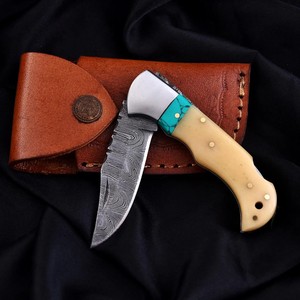 Couteau pliant en acier Damas Nordic Forge, verrouillage arrière, manche en os et turquoise avec étui, couteau de poche EDC pour le camping et la chasse - Product Image 4