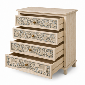Meilleure Qualité Écologique Durable Gain de Place Commode à Tiroirs en Bois de Mangue Massif Sculpté à la Main Blanc Antique avec Motif Floral Éléphant - Product Image 4
