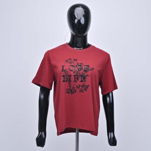 Women's <b>Red</b> Cotton Jersey Crew Neck Short Sleeve Elegant <b>Sequin</b> Embroidery Love Life Design T-Shirt Regular Fit All Seasons - Product Image 1