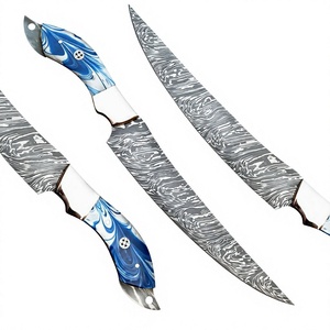 Professional Cooking Damascus Steel Serrated Drop Point Fillet Knife | Custom Resin Handle with Brass Pins & Cover OEM Service - Product Image 1
