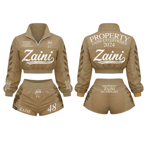 Premium 130 GSM Polyester Women Crop <b>Top</b> Windbreaker <b>Short</b> <b>Set</b> Khaki Brown Panel Design Custom Logo Heat Transfer Sportswear <b>Set</b> - Product Image 1