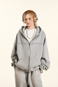 Haute qualité personnalisé unisexe fermeture éclair surdimensionné coton lourd lavé hommes polaire tissu pantalons de survêtement et sweatshirts à capucheDDP expédition - Product Image 6