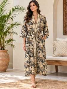 Robe longue à col en V imprimé Paisley, manches trois quarts, fermeture à cordon, respirante, en satin de soie et coton, écologique - Product Image 4