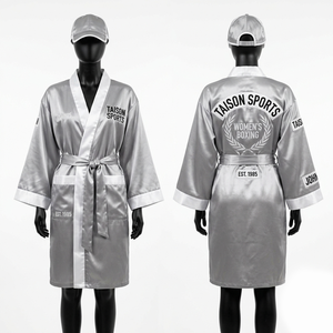 Bata de Boxeo para Mujer, Satén Premium de Poliéster, 140 GSM, Diseño de Paneles Plateados y Blancos, Impresión de Logotipo Personalizado - Product Image 1