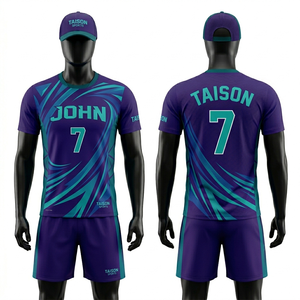 ชุดวอลเลย์บอลชายพรีเมียม ผ้าโพลีเอสเตอร์ 160 GSM ระบายอากาศได้ดี สีน้ำเงิน ลายเรขาคณิต ออกแบบโลโก้ด้วยเทคนิค Sublimation ได้ตามต้องการ - Product Image 4
