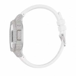 Luxury Women's Square Quartz <b>Watch</b> With Rhinestone Accents Stainless Steel Case White Silicone Band - Product Image 2