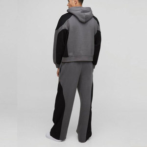 Ensemble de survêtement à capuche gris et noir pour homme, coupe droite, manches longues, style streetwear décontracté, 100 % coton élastique - Product Image 2