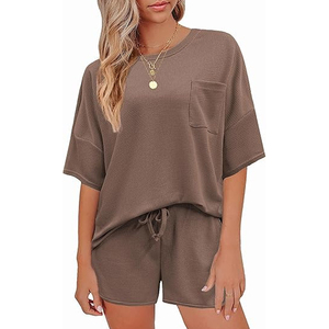 Women Comfortable Waffle <b>Knit</b> Two Piece Outfit Casual Lounge Wear Shorts <b>Set</b> for Ladies - Product Image 1