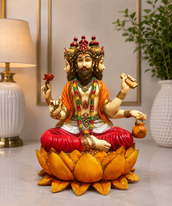 Estatua de Resina Hecha a Mano del Dios Brahma, con Polvo de Mármol Tradicional, Dios Creador de Cuatro Cabezas Sentado sobre un Loto Floreciente, Ídolo de Mesa para el Hogar - Product Image 1