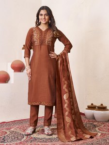 Brown Embroidered Cotton Straight <b>Kurta</b> With Trousers Dupatta Set <b>Women</b> - Product Image 1