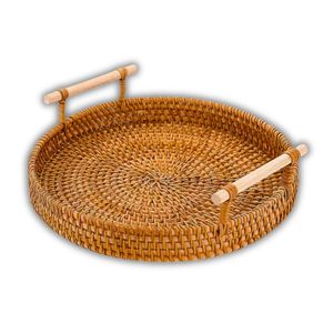 Handwoven RATTAN <b>TRAY</b> FRUIT STORAGE <b>BASKET</b> with Handles Gift, Rustic Home Decor & Kitchen Use - Product Image 1