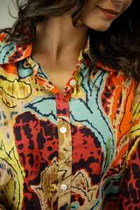 Conjunto Coordinado de Algodón Abstracto Rust, Conjunto Casual de Algodón con Bordado Pesado, Top con Cuello y Botones Delanteros - Product Image 3