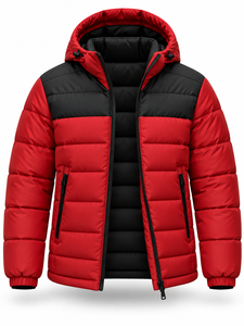 Men's <b>Red</b> <b>Hooded</b> Puffer <b>Jacket</b> Winter Waterproof Windproof Casual Zipper Polyester Wadding Regular Length Color Blocking Custom - Product Image 4