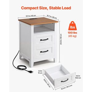Farmhouse-Style Nightstand with Open Shelf Charging Station 2 Drawers Bedside <b>Storage</b> Cabinet Rustic <b>Side</b> <b>Table</b> - Product Image 3
