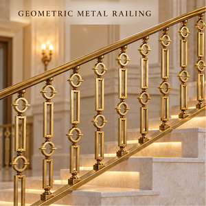 Rampe d'escalier géométrique en métal doré avec balustres circulaires et rectangulaires pour intérieurs modernes et luxueux - Product Image 1