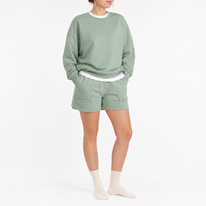 Conjunto de Sudadera y Pantalones Cortos Unisex Verde Salvia, Corte Holgado, Mezcla de Algodón Suave, Casual, Personalizado, Dos Piezas, Verano - Product Image 1