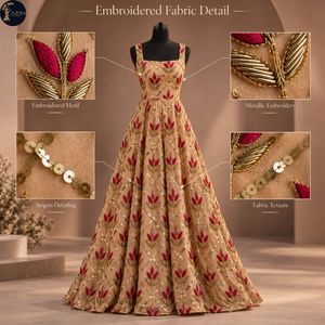Tissu de robe brodé floral bordeaux avec motifs dorés et paillettes |   Textile décoratif pour robes de mariée et tenues de soirée, de qualité supérieure - Product Image 5