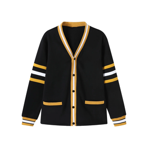 Cárdigan de lana grueso de invierno para mujer, estilo universitario de Alabama State, negro con ribete de rayas blancas y amarillas, botones frontales y bolsillos de parche, clásico. - Product Image 3