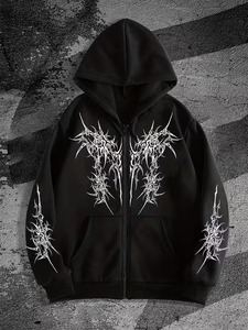 2026 Mens Luxury Streetwear <b>Black</b> Gothic Zip Up <b>Hoodie</b> Thorn Print Full Zip Oversized Heavyweight Graphic <b>Hoodie</b> - Product Image 6