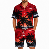 Conjunto de Ropa de Playa Tropical Casual para Hombre, 100% Poliéster, Estampado de Palmeras al Atardecer, Camisa Hawaiana Transpirable y Pantalones Cortos