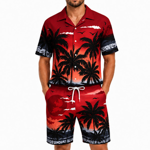 Ensemble de vêtements de plage tropicaux pour hommes en polyester respirant, imprimé coucher de soleil et cocotiers, chemise hawaïenne et short assortis, lot de 2 - Product Image 6