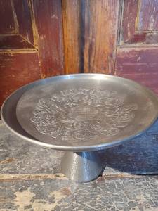 Vintage Norwegian Tableware - Stunning Pewter <b>Cake</b> <b>Stand</b> with Folk Art Rosemaling - Product Image 1
