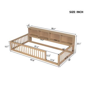 Letto a pavimento in legno marrone Twin XL con armadietti contenitore e porte USB - Prodotto per letti per bambini - Product Image 4