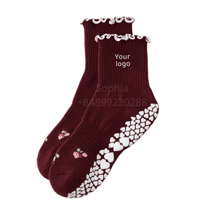 Calcetines con Volantes Color Borgoña, Bordado Floral, Antideslizantes, para Mujer, Fabricante OEM, Venta al Por Mayor, Marca Privada - Product Image 2