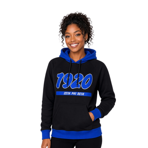เสื้อฮู้ด Zeta Phi Beta สีดำ ปี 1920 สีน้ำเงินรอยัล แขนเสื้อและชายเสื้อแบบมีฮู้ด ผ้าฟลีซ แขนเสื้อแบบแร็กแลน มีกระเป๋าแบบจิงโจ้ - Product Image 1
