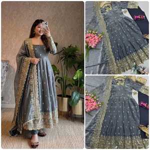 Women’s Designer Party Wear Gown Set | Heavy Fandy Silk Embroidered <b>Sequin</b> Gown with <b>Pant</b> & Dupatta - Product Image 2