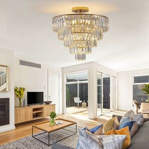 Lampadario a 5 livelli in cristallo dorato, semi-incasso, illuminazione di lusso contemporanea per soffitti alti - Product Image 3