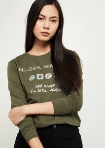 Sudadera de Cuello Redondo Verde Oliva para Mujer, Diseño de Letras con Lentejuelas y Estampado Metálico, Ropa Casual de Otoño - Product Image 6